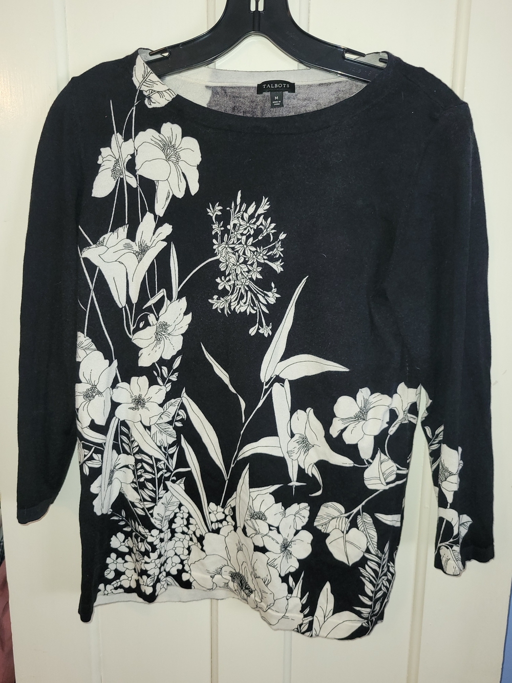 Talbots Black and White Floral Long Sleeve Top